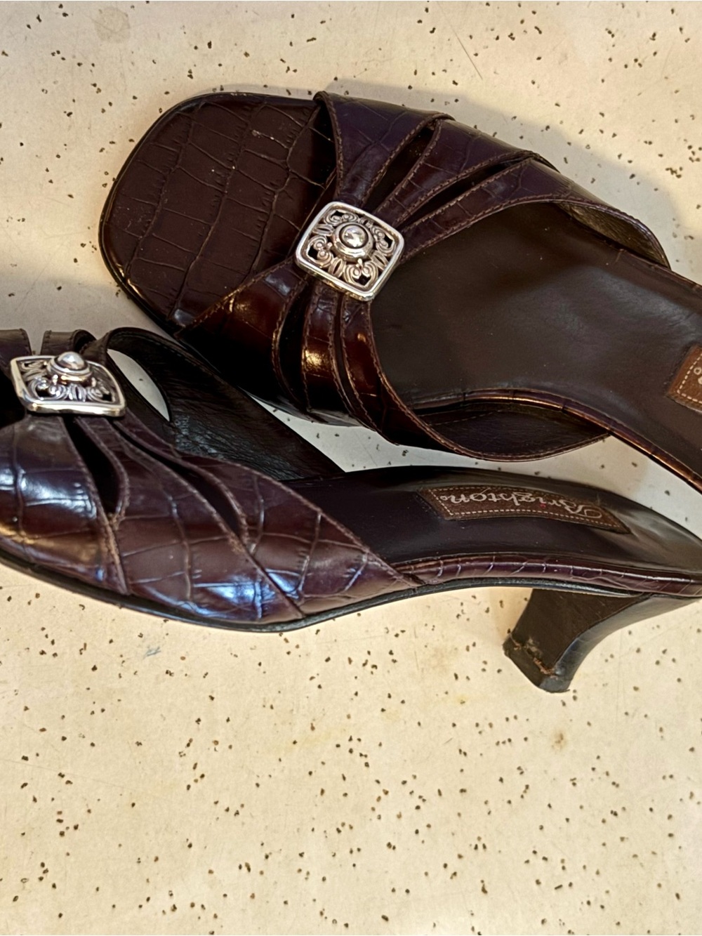 Brighton Dark Brown Croc-Textured Kitten Heesl with Silver Buckle